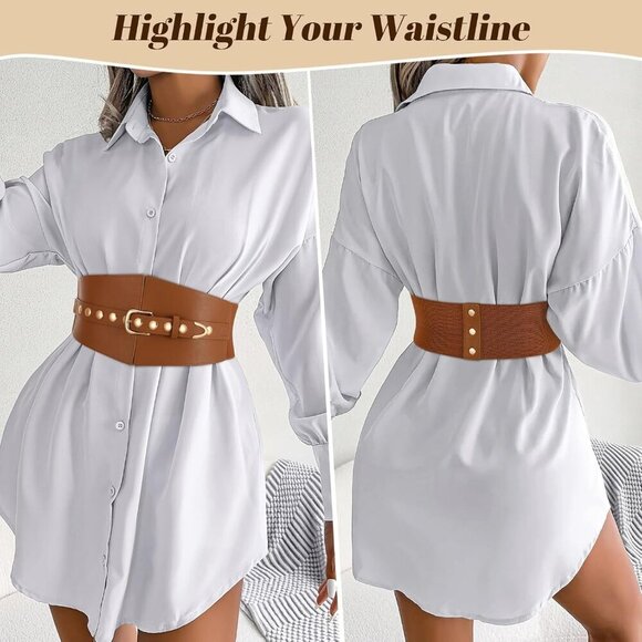 Women Elastic Chunky Stretchy Elegance Belt with Gold Rivets Buckle Daily Brown main image 7